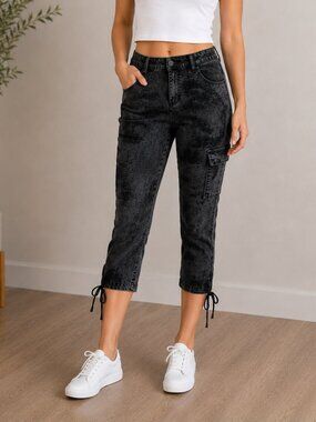DKNY Jeans Grey Wash Capri Pants Size 4 Stretch Cargo Tie-Hem